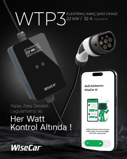 WiseCar WTP3 22 &amp; 11 kW Tragbares, KI-gestütztes Smart-Ladegerät für Elektrofahrzeuge | Mobile App &amp; WiseCar AI