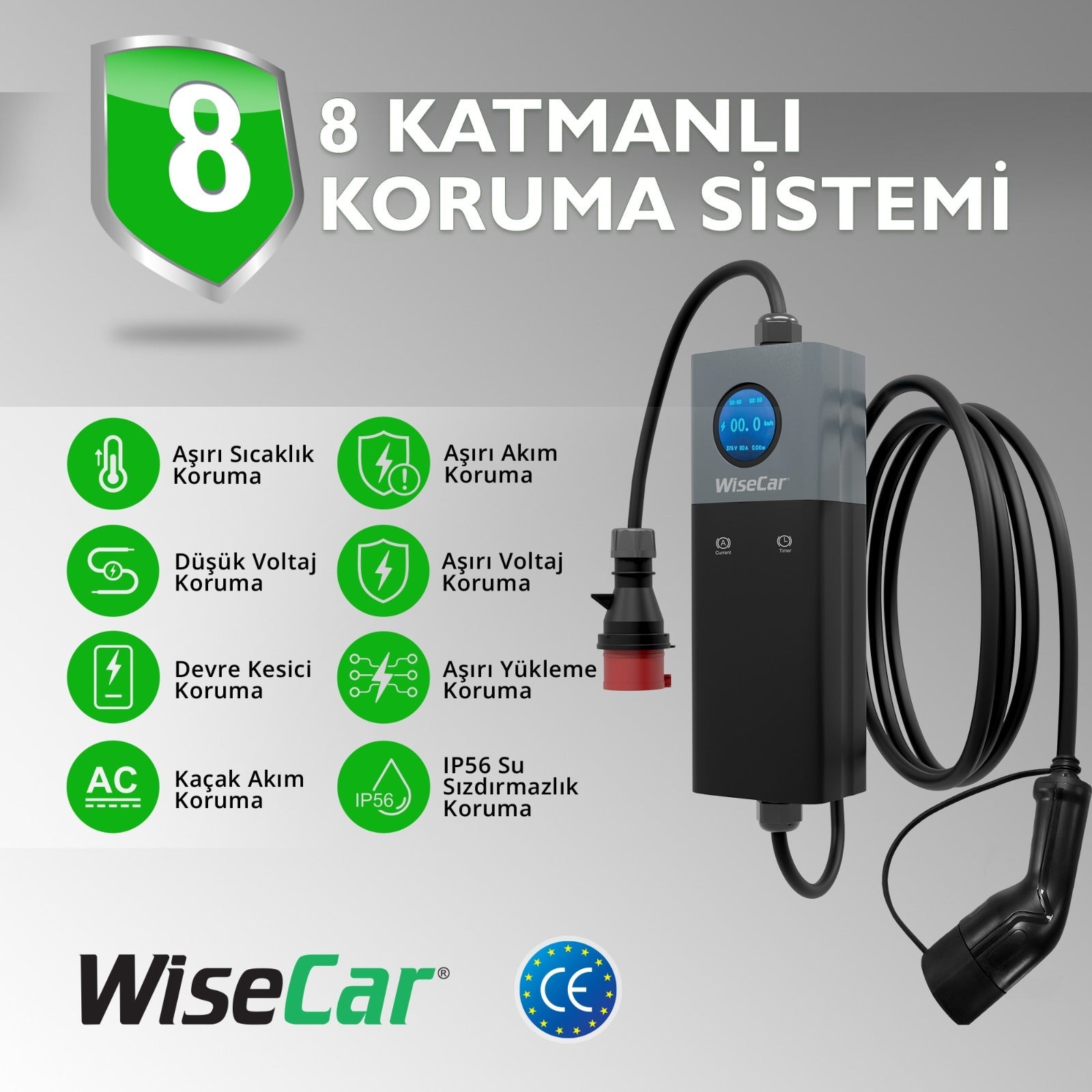WiseCar WTPS3 22 KW Taşınabilir Elektrikli Araç Şarj Cihazı Mobil Uygulamalı + Wifi + Bluetooth WiseCar