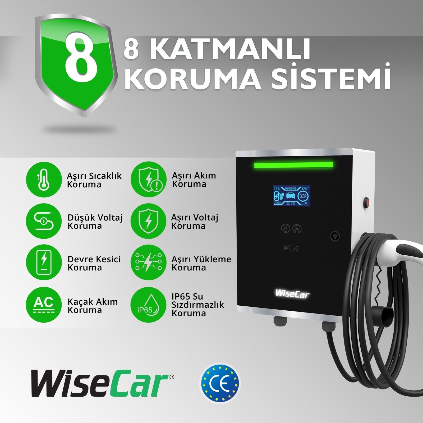 WiseCar WT1 Smart 7.4 KW Duvar Tipi Elektrikli Araç Şarj İstasyonu Kablolu WiseCar