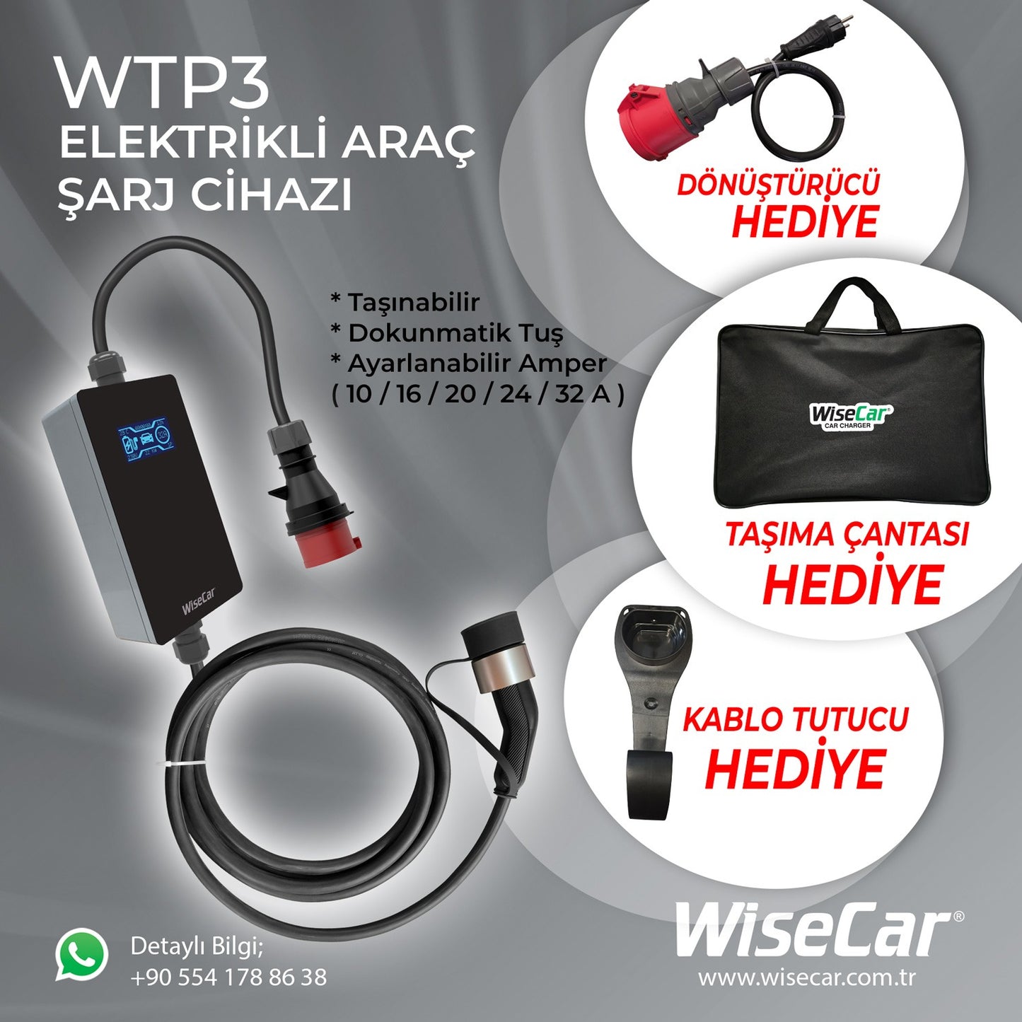 WiseCar WTP3 22 KW Taşınabilir Elektrikli Araç Şarj Cihazı WiseCar