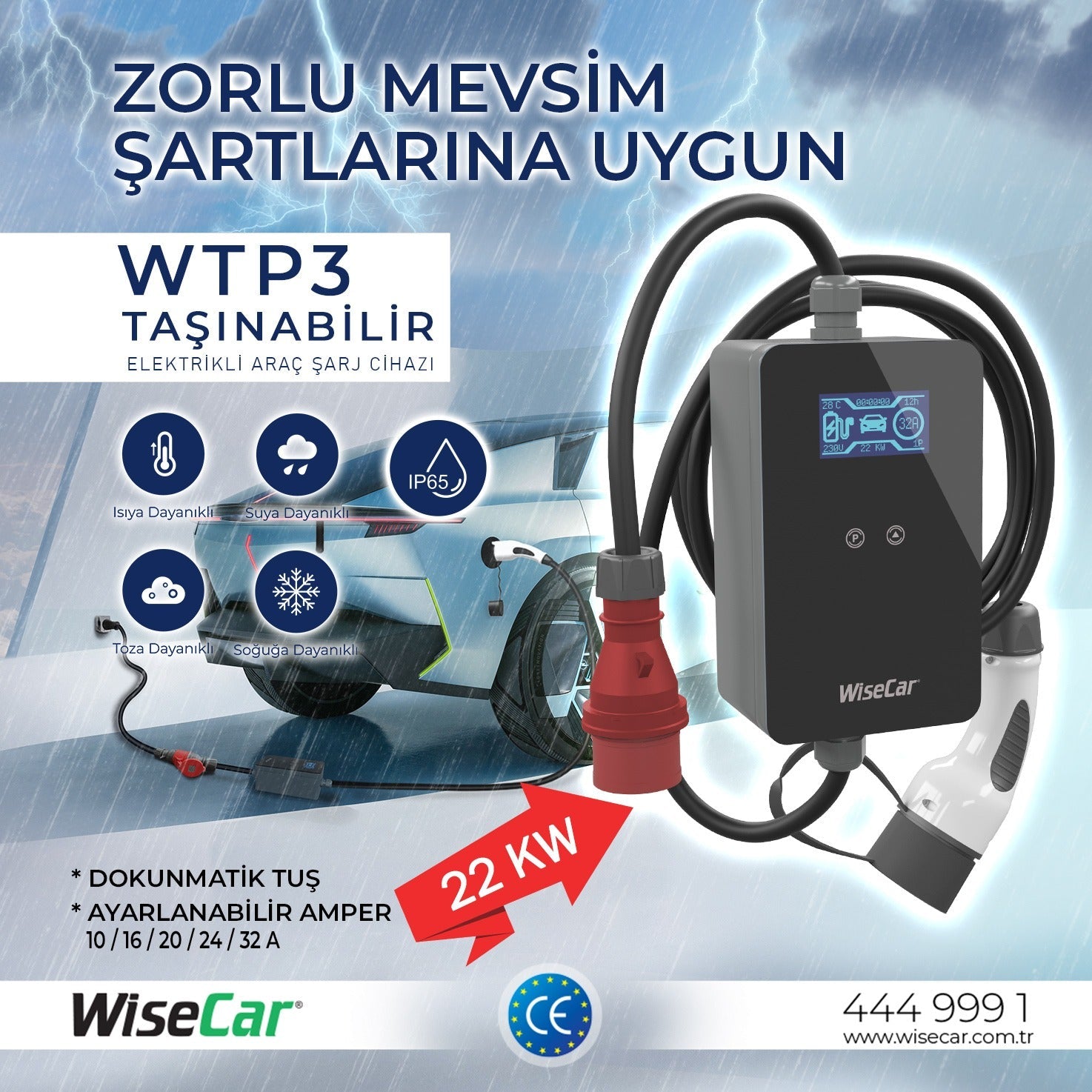 WiseCar WTP3 22 KW Taşınabilir Elektrikli Araç Şarj Cihazı WiseCar