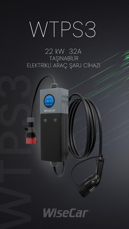WiseCar WTPS3 22 KW Taşınabilir Elektrikli Araç Şarj Cihazı Mobil Uygulamalı + Wifi + Bluetooth WiseCar