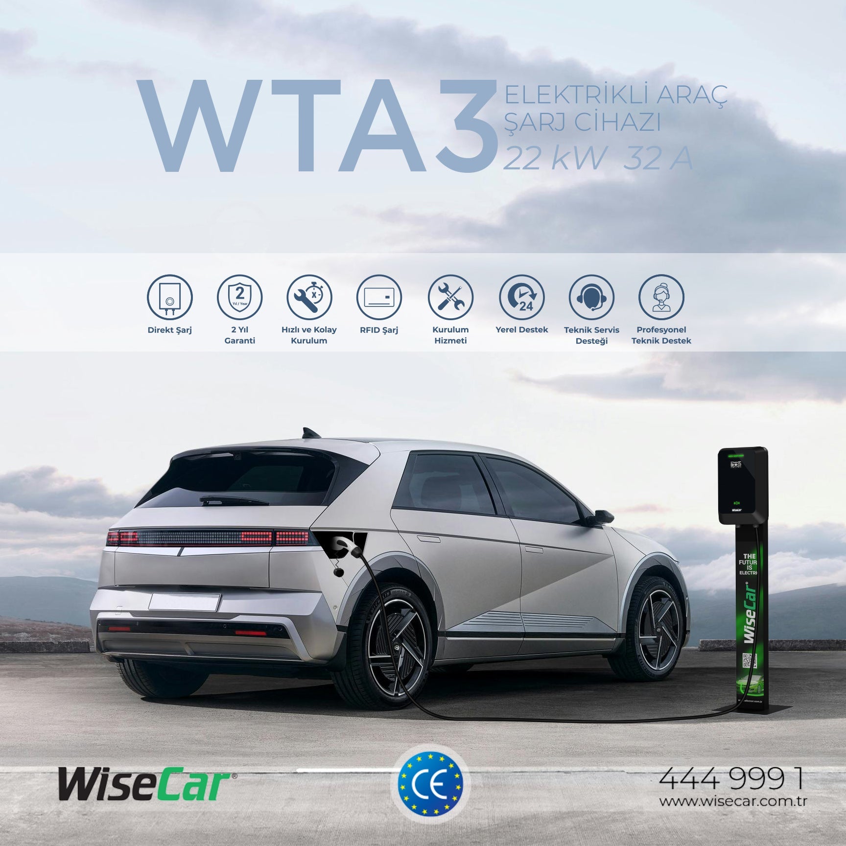WiseCar WTA Standlı - 11 & 22 kW Elektrikli Araç Şarj Cihazı EV Wallbox Type 2 WiseCar
