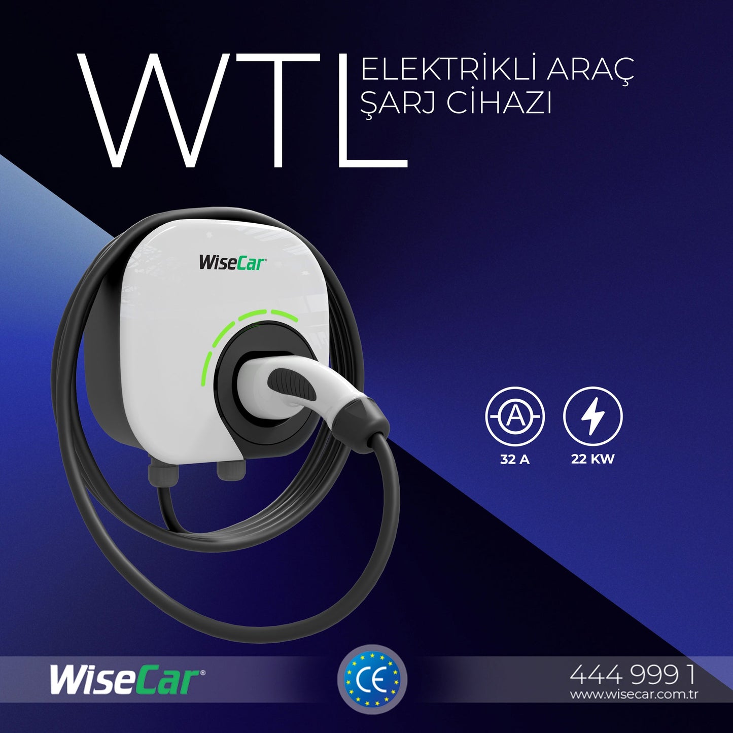 WiseCar WTL – Yapay Zeka Destekli Akıllı Elektrikli Araç Şarj Cihazı | 22 kW | Mobil Uygulama & WiseCar AI WiseCar