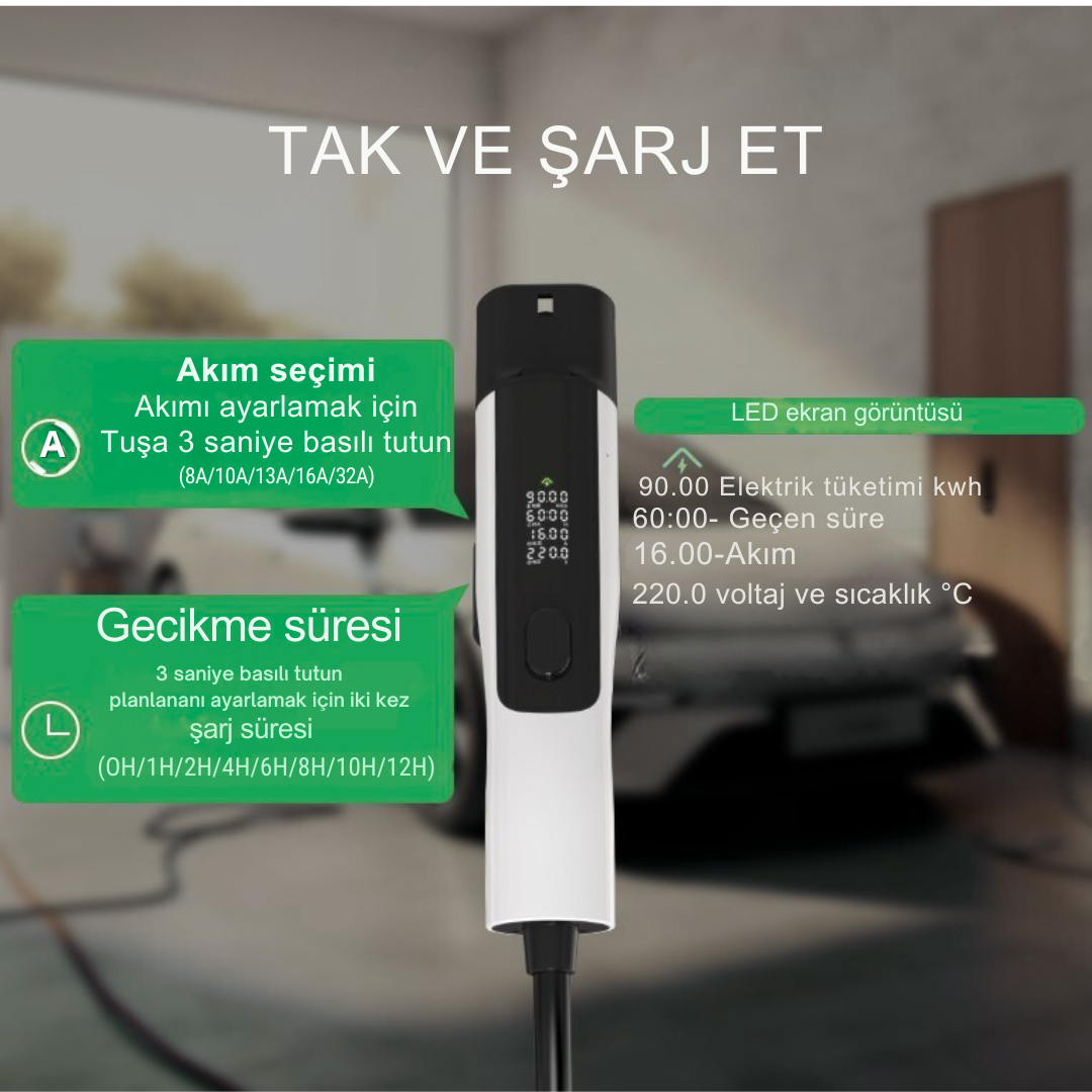 WiseCar WTPe 3.5kW Taşınabilir Elektrikli Araç Şarj Cihazı - 5 Metre Kablo + Taşıma Çantası WiseCar