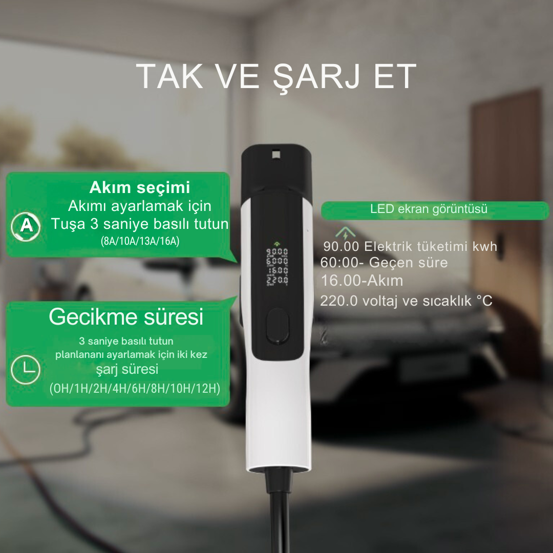 WiseCar WTPe 3.5kW Taşınabilir Elektrikli Araç Şarj Cihazı - 5 Metre Kablo + Taşıma Çantası WiseCar
