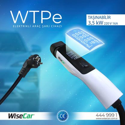 WiseCar WTPe 3.5kW Taşınabilir Elektrikli Araç Şarj Cihazı - 5 Metre Kablo + Taşıma Çantası WiseCar