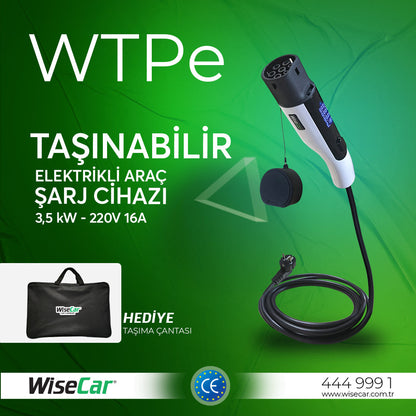 WiseCar WTPe 3.5kW Taşınabilir Elektrikli Araç Şarj Cihazı - 5 Metre Kablo + Taşıma Çantası WiseCar