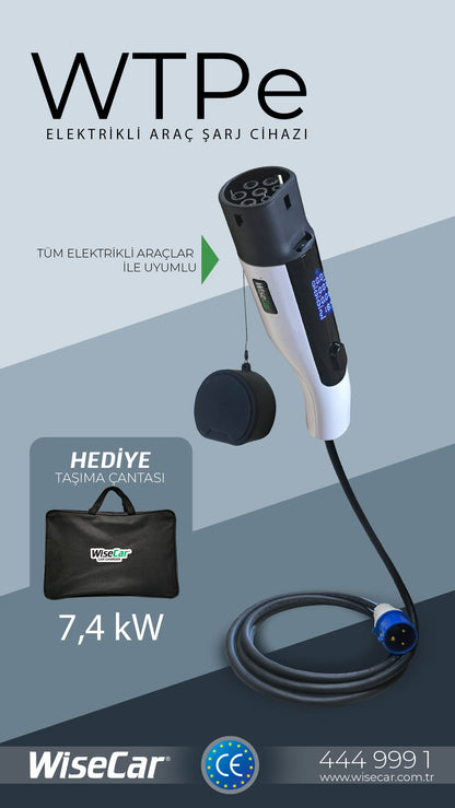 WiseCar WTPe 7.4kW Taşınabilir Elektrikli Araç Şarj Cihazı - 5 Metre Kablo + Taşıma Çantası WiseCar