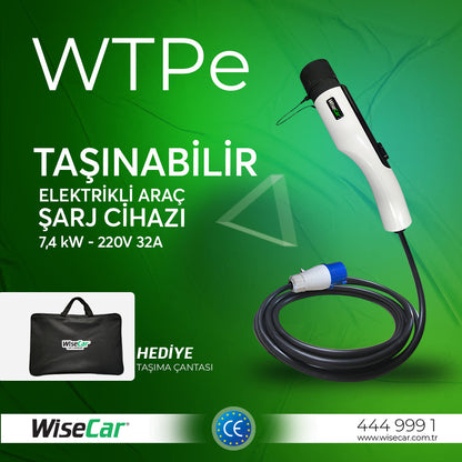 WiseCar WTPe 7.4kW Taşınabilir Elektrikli Araç Şarj Cihazı - 5 Metre Kablo + Taşıma Çantası WiseCar