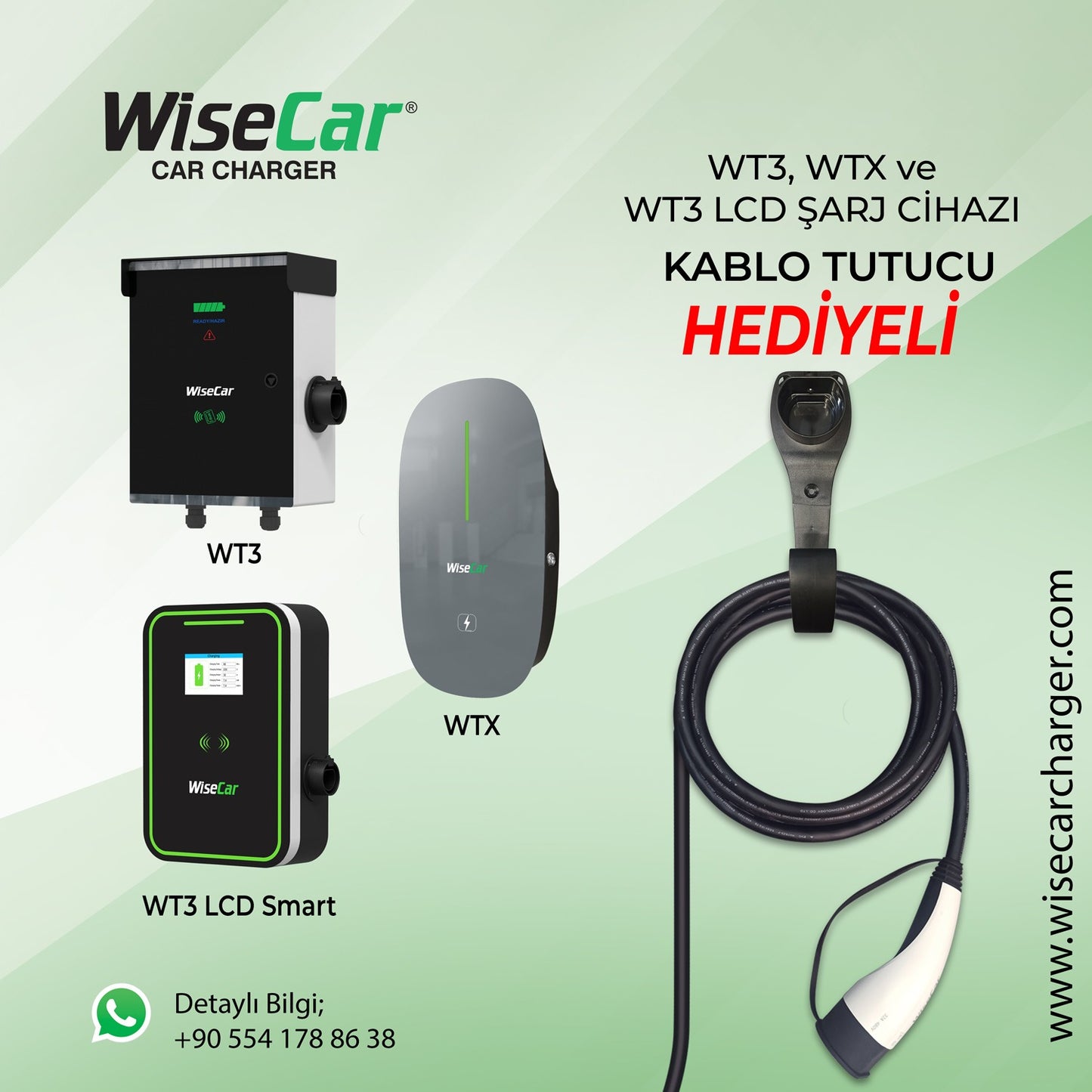 WiseCar 22 KW Elektrikli Araç Şarj Ünitesi 5mt KABLOLU WT3LCD