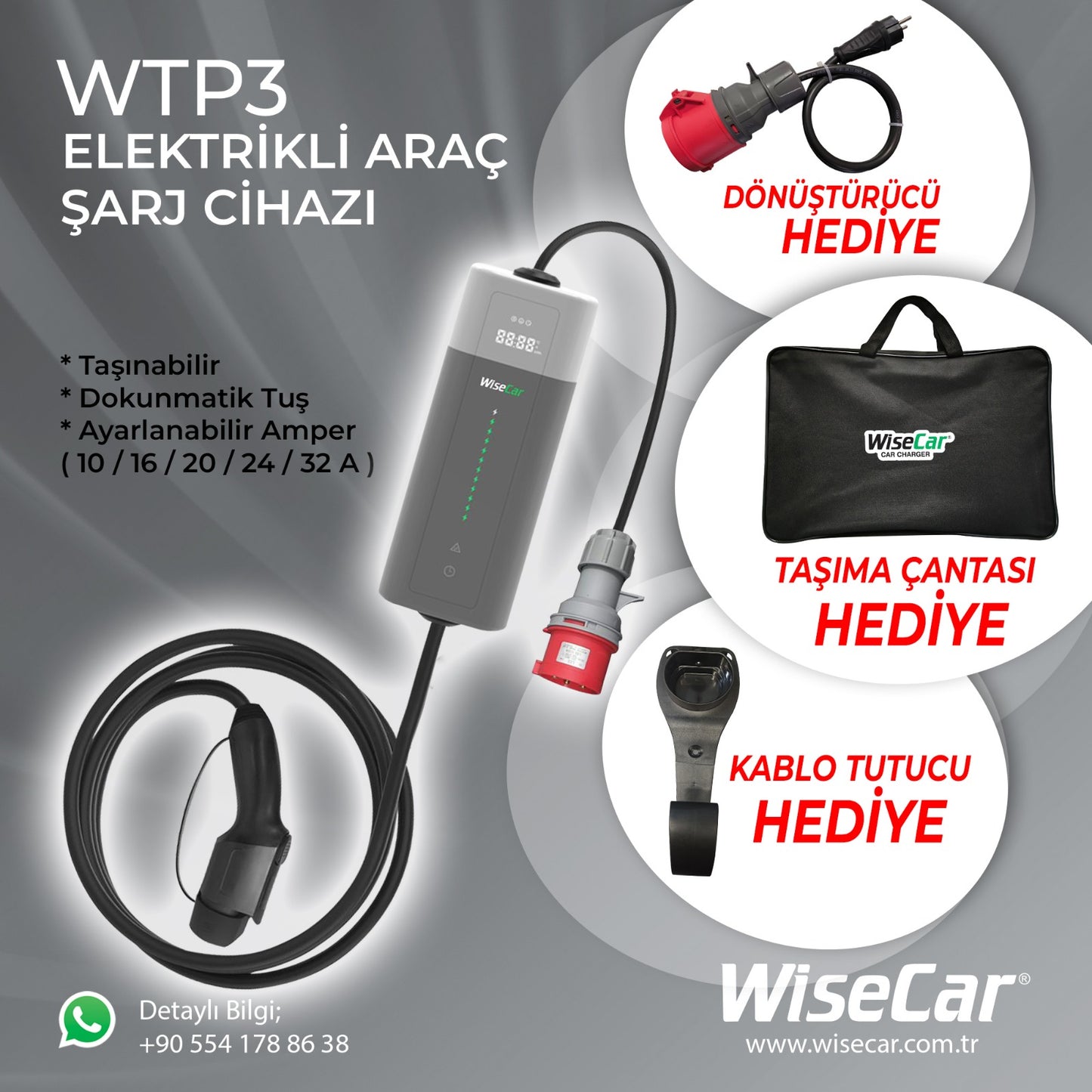 WiseCar WTP3 22 KW Taşınabilir Elektrikli Araç Şarj Cihazı