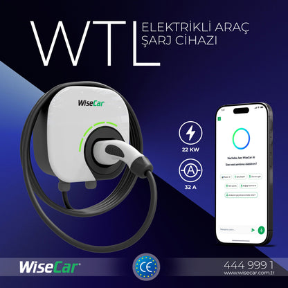 WiseCar WTL – Yapay Zeka Destekli Akıllı Elektrikli Araç Şarj Cihazı | 22 kW | Mobil Uygulama & WiseCar AI