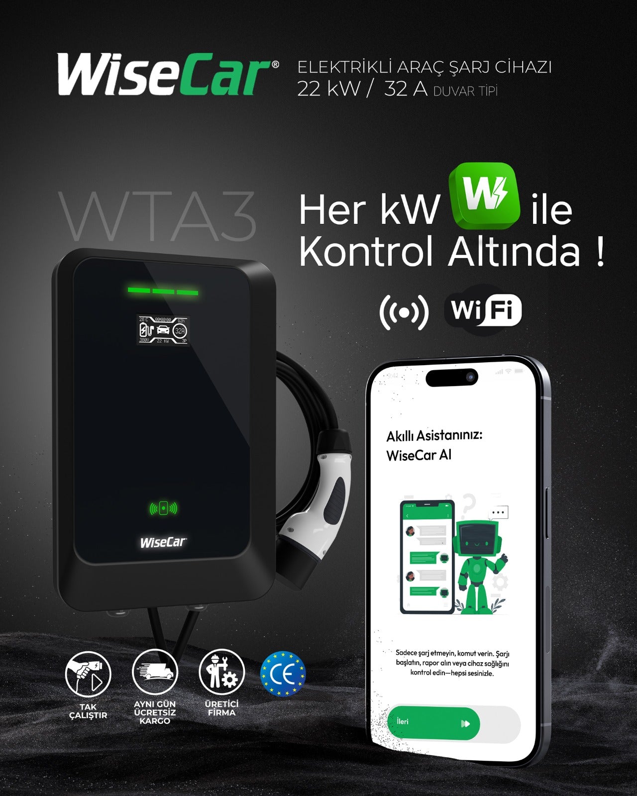 WiseCar WTA – KI-gestütztes intelligentes Ladegerät für Elektrofahrzeuge | 22 kW | Mobile App &amp; WiseCar AI
