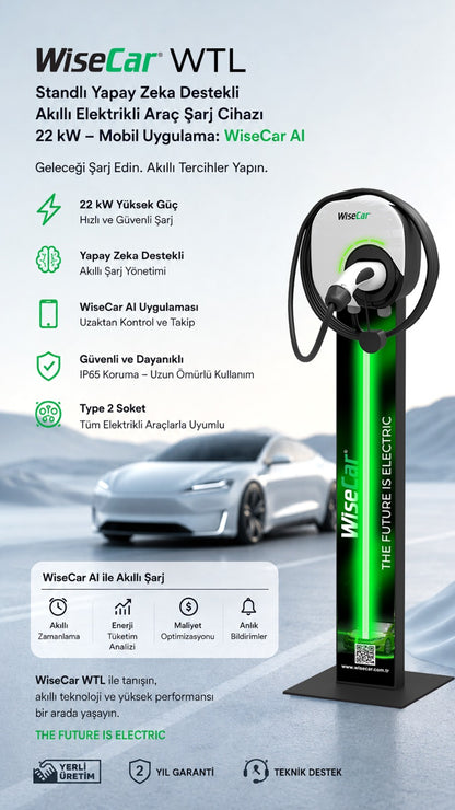 WiseCar WTL Standlı – Yapay Zeka Destekli Akıllı Elektrikli Araç Şarj Cihazı | 22 kW | Mobil Uygulama & WiseCar AI