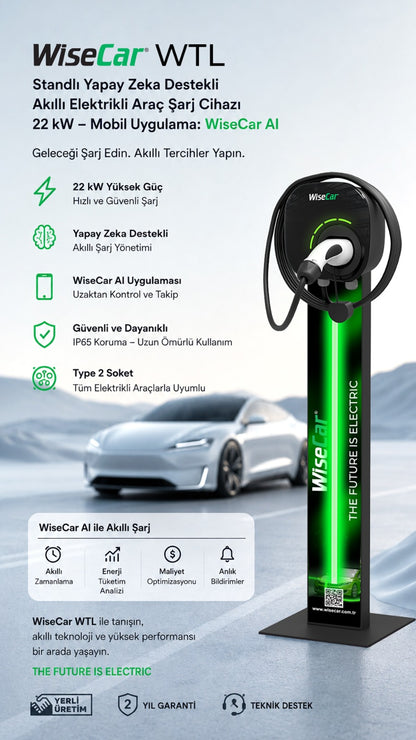 WiseCar WTL Standlı – Yapay Zeka Destekli Akıllı Elektrikli Araç Şarj Cihazı | 22 kW | Mobil Uygulama & WiseCar AI