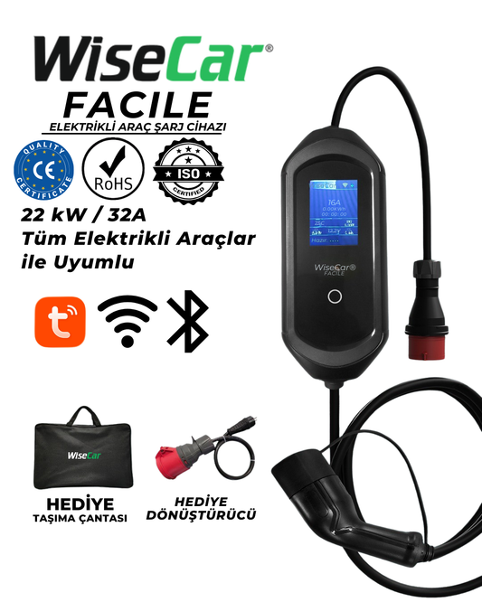WiseCar Facile 22 kW 32A Mobil Uygulamalı Taşınabilir Elektrikli Araç Şarj Cihazı Tuya Smart WiFi + Bluetooth