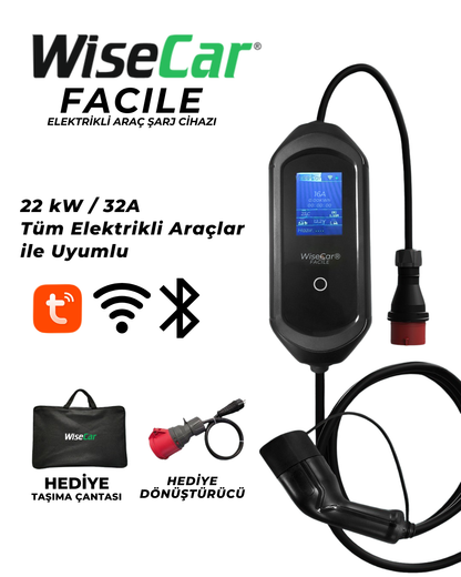 WiseCar Facile 22 kW 32A Mobil Uygulamalı Taşınabilir Elektrikli Araç Şarj Cihazı Tuya Smart WiFi + Bluetooth