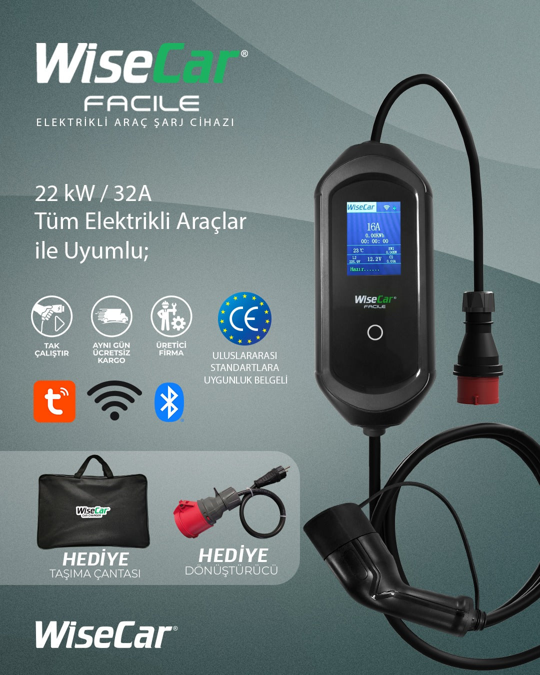 WiseCar Facile 22 kW 32A Mobil Uygulamalı Taşınabilir Elektrikli Araç Şarj Cihazı Tuya Smart WiFi + Bluetooth
