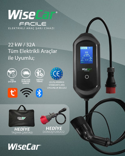 WiseCar Facile 22 kW 32A Mobil Uygulamalı Taşınabilir Elektrikli Araç Şarj Cihazı Tuya Smart WiFi + Bluetooth