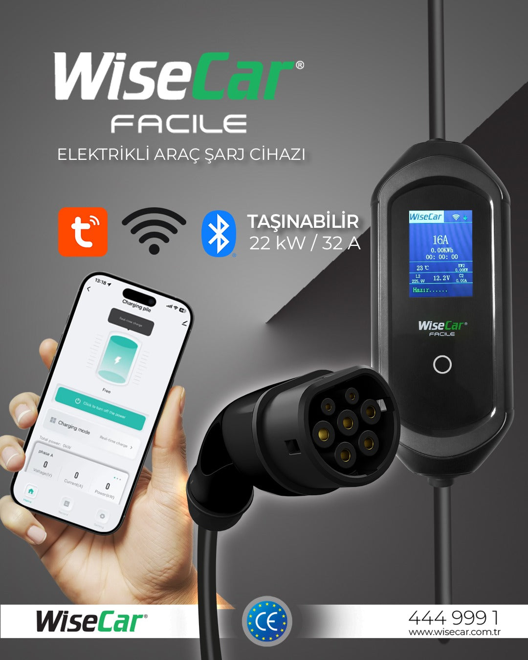WiseCar Facile 22kW Taşınabilir EV Şarj Cihazı | WiFi & Tuya