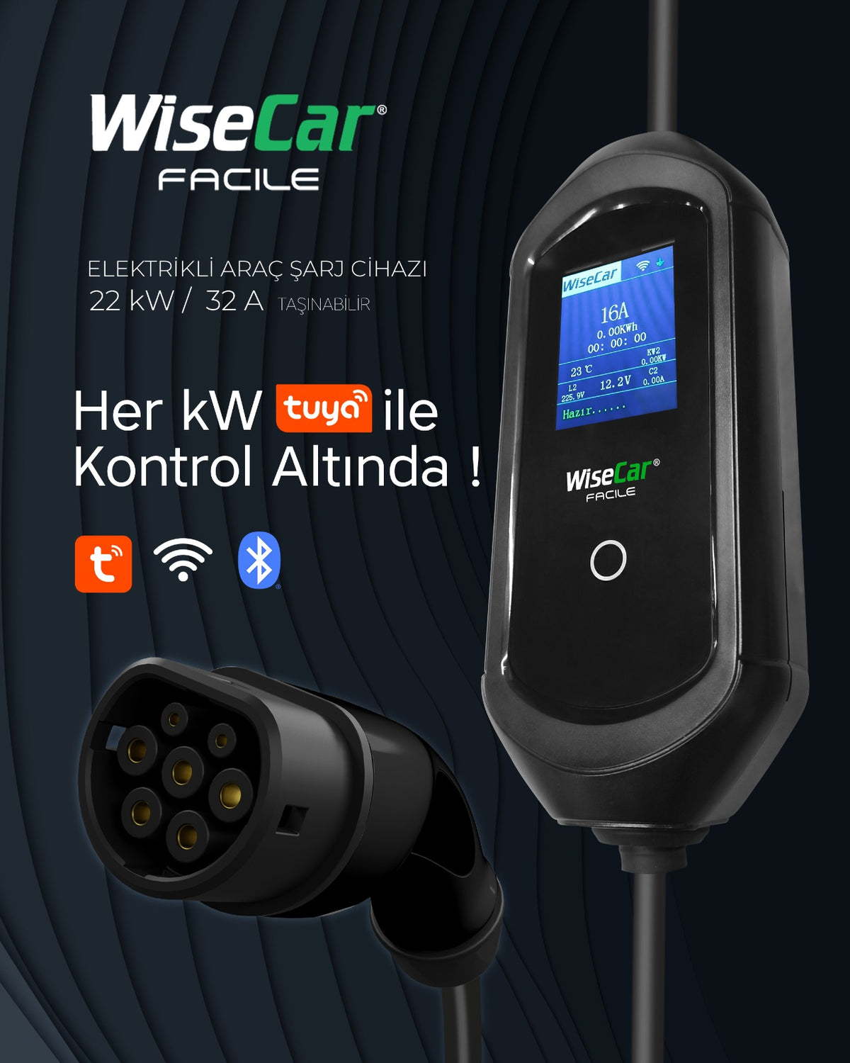 WiseCar Facile 22 kW 32A Mobil Uygulamalı Taşınabilir Elektrikli Araç Şarj Cihazı Tuya Smart WiFi + Bluetooth