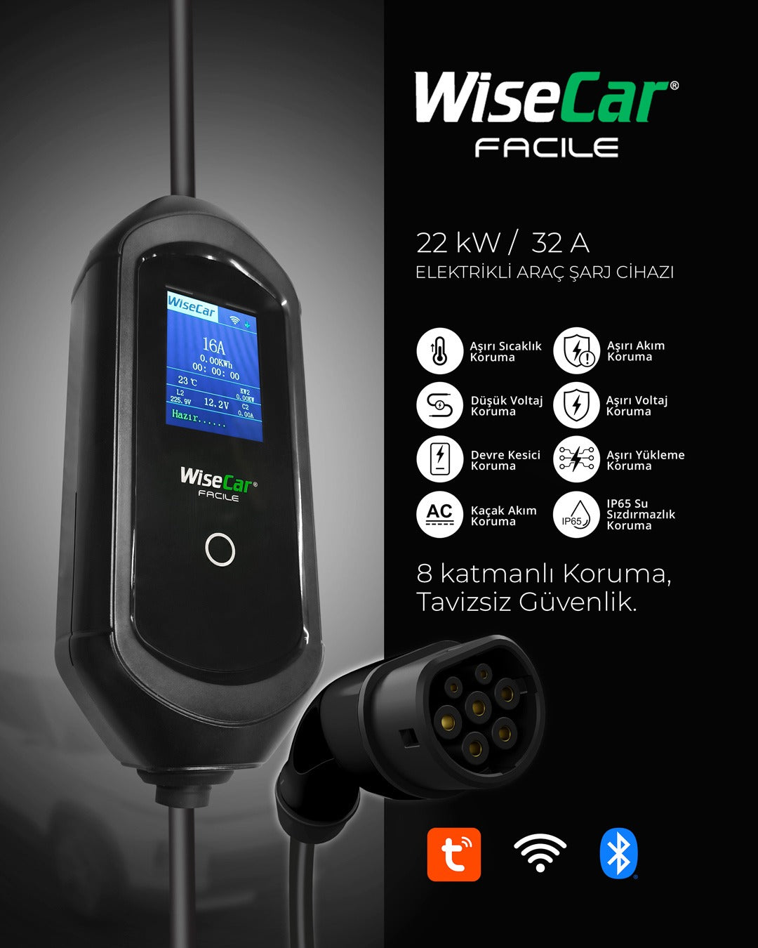 WiseCar Facile 22 kW 32A Mobil Uygulamalı Taşınabilir Elektrikli Araç Şarj Cihazı Tuya Smart WiFi + Bluetooth