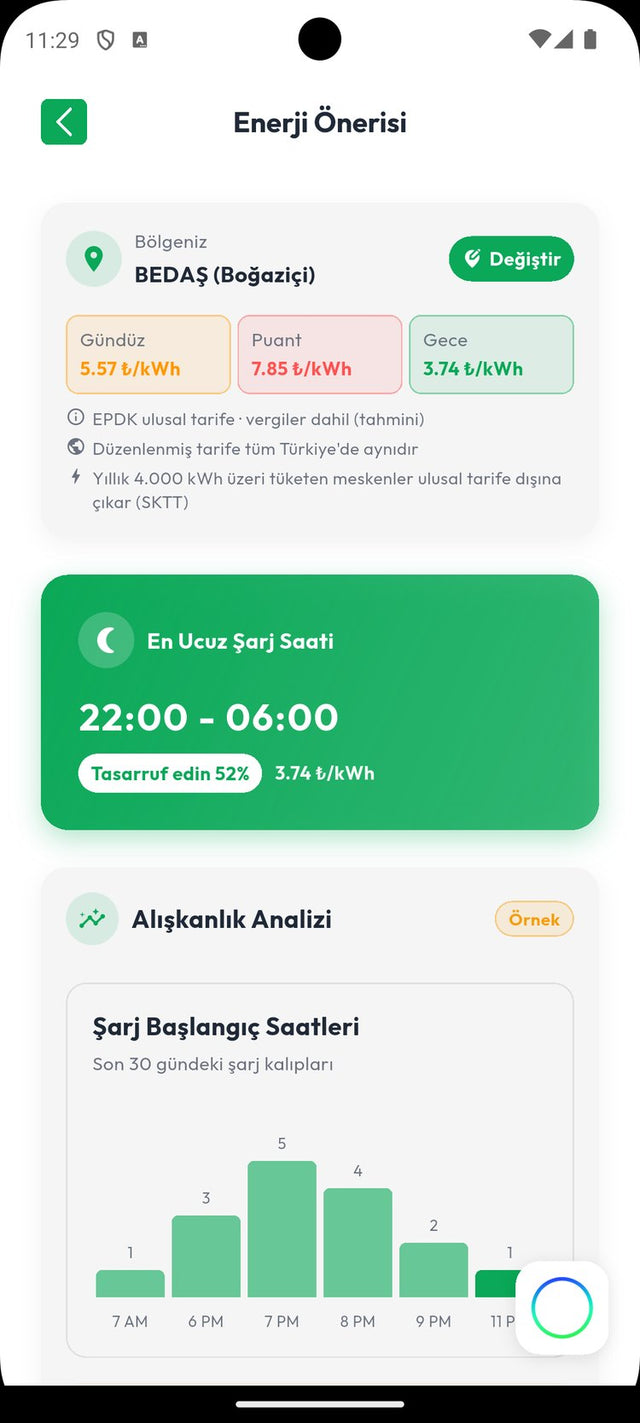 Enerji önerisi ekranı