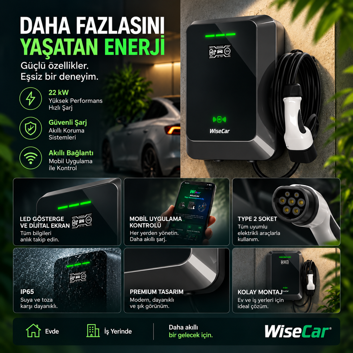 WiseCar WTA - Yapay Zeka Destekli Akıllı Elektrikli Araç Şarj Cihazı | 22 kW | Mobil Uygulama & WiseCar AI